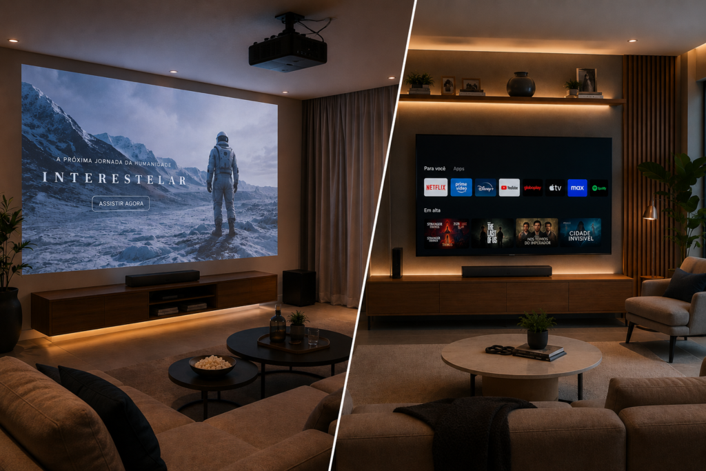 Comparação entre projetor com imagem grande e TV de 50 polegadas em sala residencial
