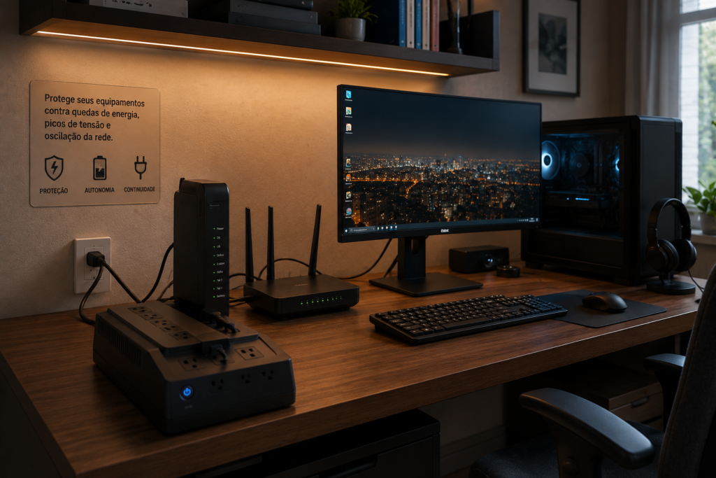 Nobreak ligado a PC, monitor, roteador e modem em home office
