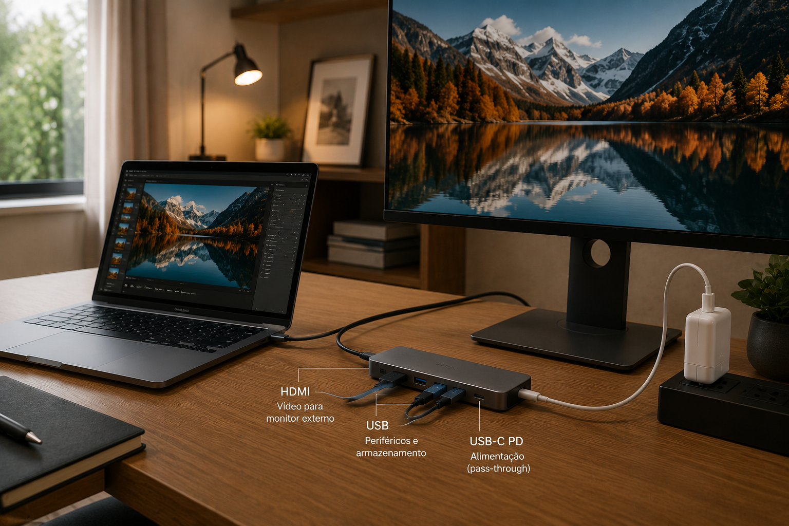 Notebook conectado a hub USB-C com monitor e periféricos em home office