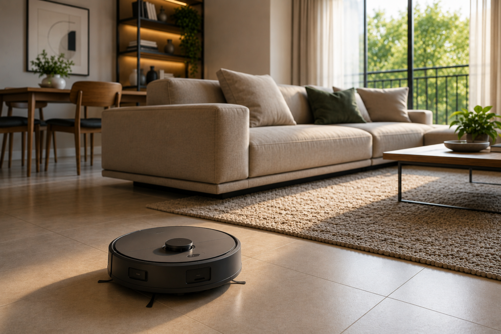 Robô aspirador limpando o piso de uma sala de apartamento com sofá e tapete