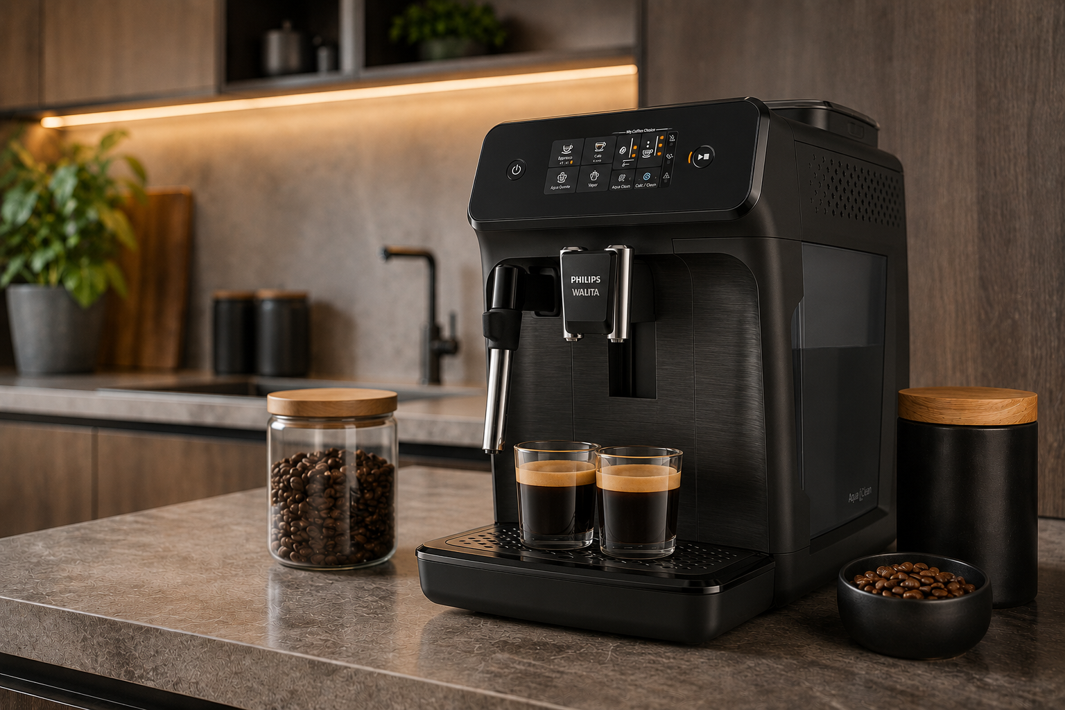 Cafeteira superautomática Philips Walita Série 1200 EP1220 em bancada de cozinha
