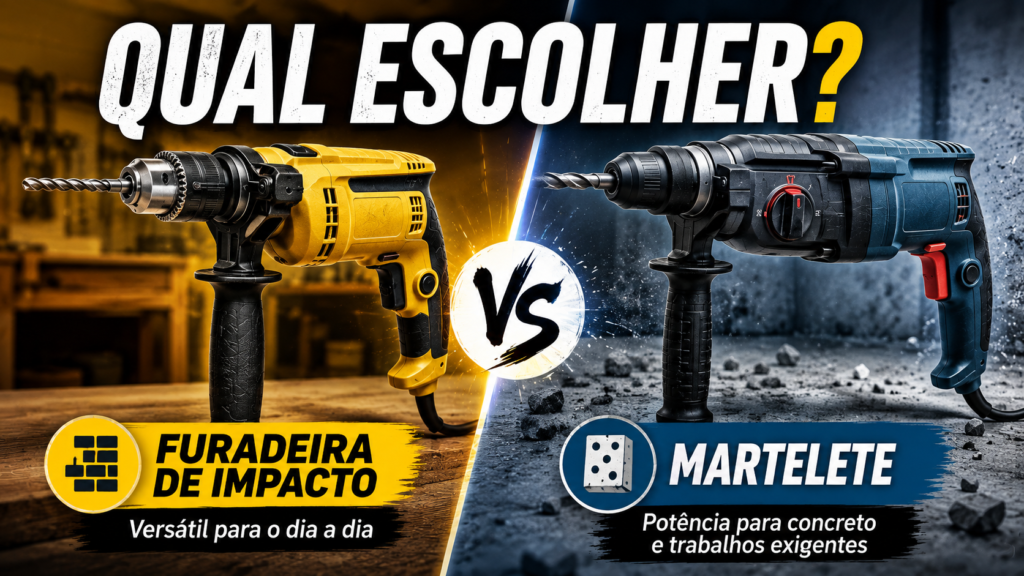 Furadeira de impacto e martelete lado a lado para comparação