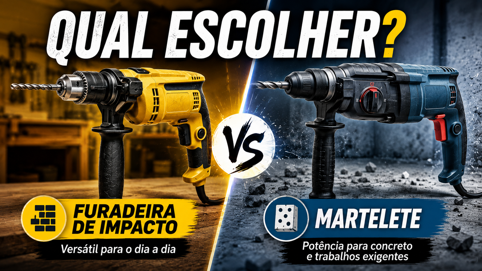 Furadeira de impacto e martelete lado a lado para comparação
