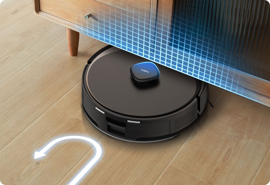 Robô aspirador com mapeamento LiDAR realizando limpeza em uma sala
